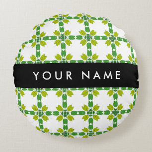 Leaf Pattern, Green Leaves, Your Name Round Pillow