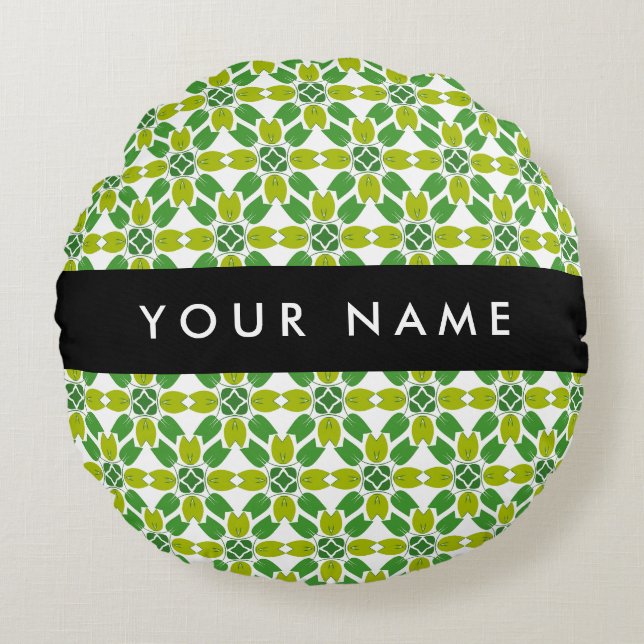 Leaf Pattern, Green Leaves, Your Name Round Pillow (Front)