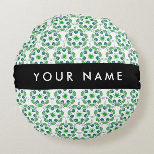 Leaf Pattern, Green Leaves, Your Name Round Pillow