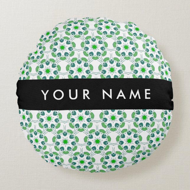 Leaf Pattern, Green Leaves, Your Name Round Pillow (Front)