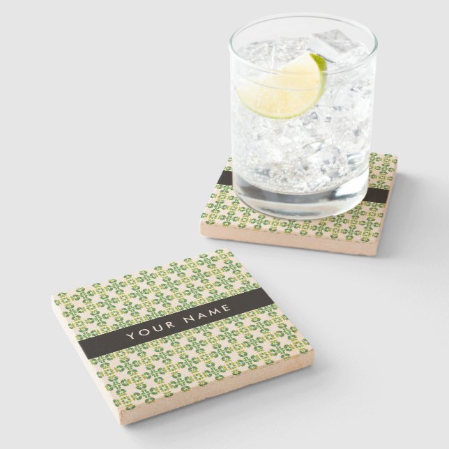 Leaf Pattern, Green Leaves, Your Name Stone Coaster (Side)