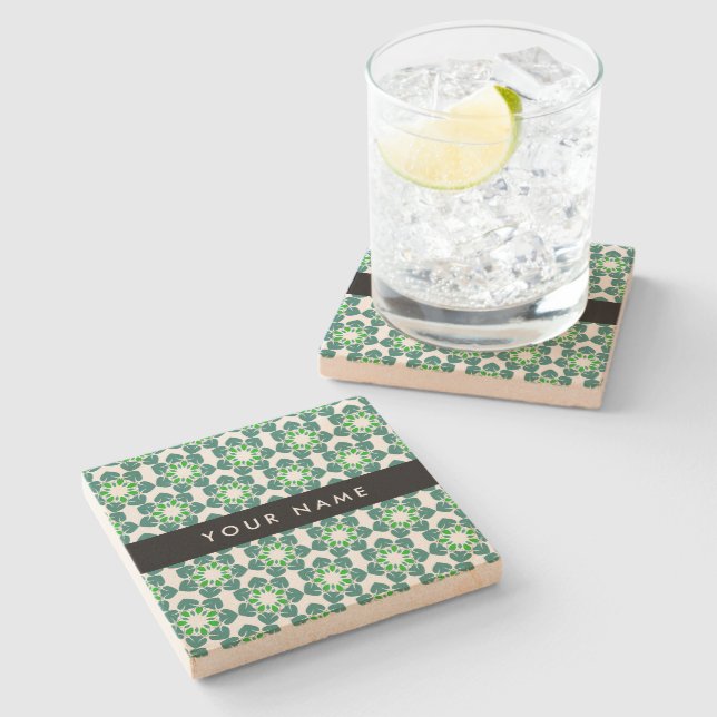 Leaf Pattern, Green Leaves, Your Name Stone Coaster (Side)
