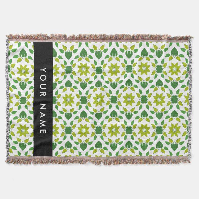 Leaf Pattern, Green Leaves, Your Name Throw Blanket (Front)