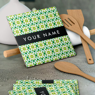 Leaf Pattern, Green Leaves, Your Name Tile