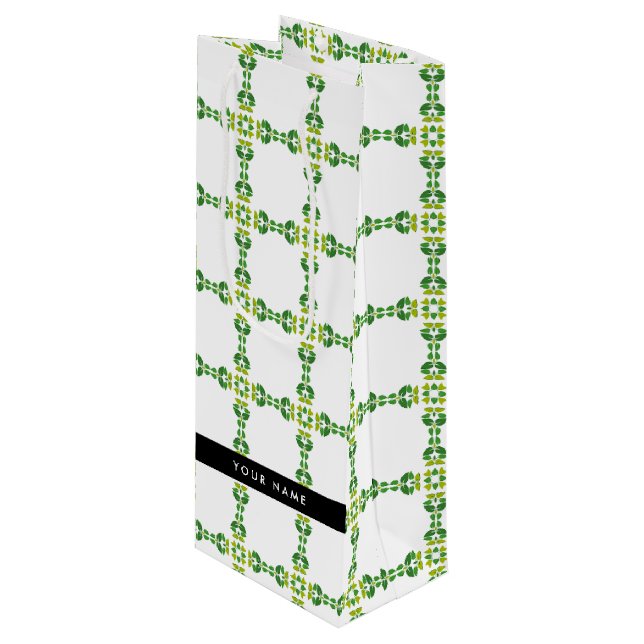 Leaf Pattern, Green Leaves, Your Name Wine Gift Bag (Front Angled)
