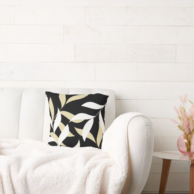 Leaf Pattern On Black Background Throw Pillow (Couch)