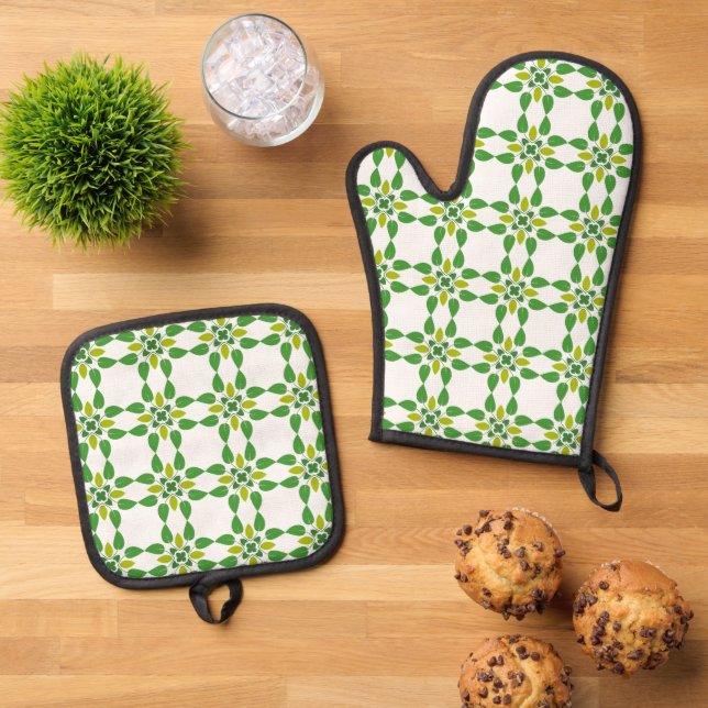 Leaf Pattern, Pattern Of Leaves, Green Leaves Oven Mitt & Pot Holder Set (Top Down)