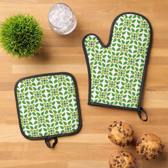 Leaf Pattern, Pattern Of Leaves, Green Leaves Oven Mitt & Pot Holder Set (Top Down)