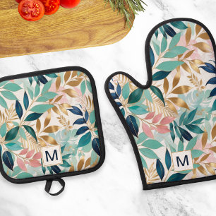 Leaf Pattern Pretty Colourful Leaves Monogrammed Oven Mitt & Pot Holder Set