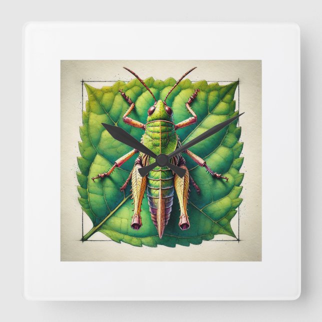 Leaf Rolling Grasshopper 170724IREF201 - Watercolo Square Wall Clock (Front)