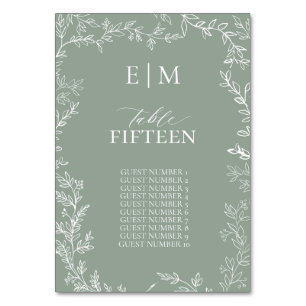 Leaf Sage Green Elegant Monogram Table Number