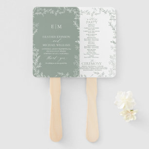 Leaf Sage Green Elegant Monogram Wedding Program Hand Fan