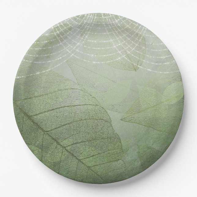 Leaf Sage Green Silver Glitter Fantasy Paper Plate (Front)