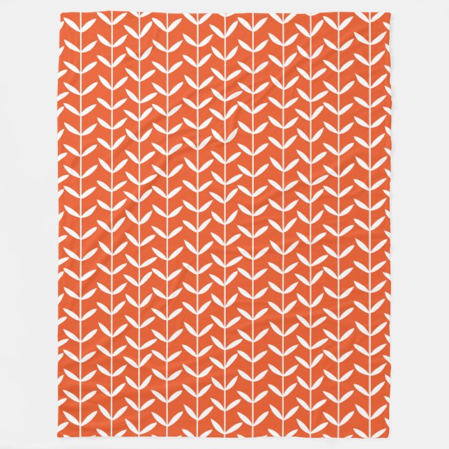 Leaf Stems - White on Orange Fleece Blanket (Front)