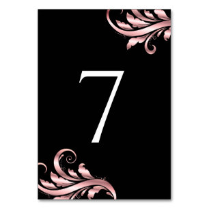 Leaf Swirl Wedding Table Number Black Pink