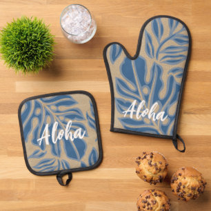  Leaf Tiki Indigo Blue Hawaiian Tropical Oven Mitt & Pot Holder Set