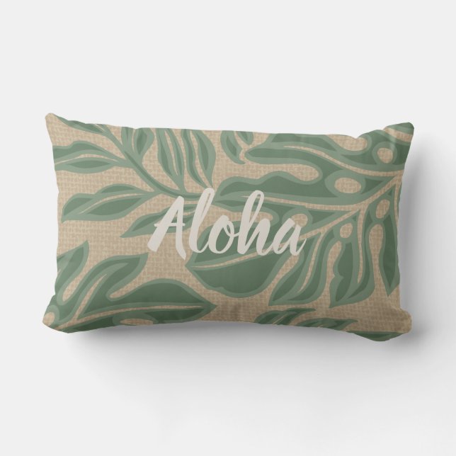 Leaf Tiki Sage Green Hawaiian Tropical Reversible Lumbar Pillow (Back)