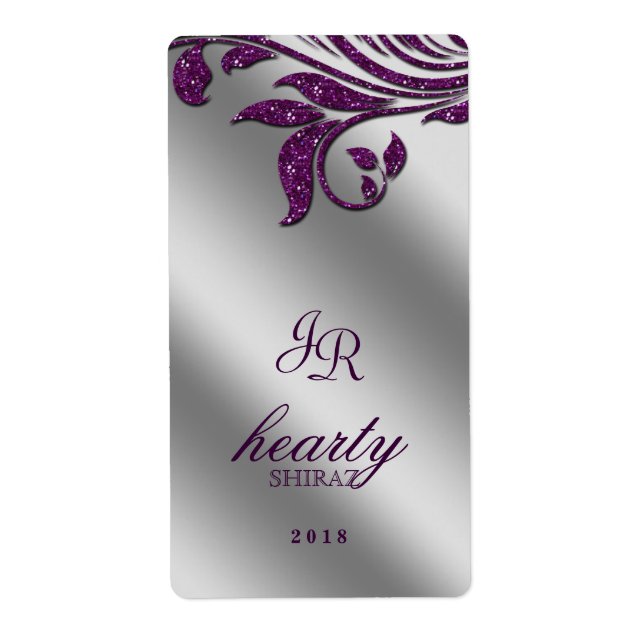 Leaf Wedding Wine Label Sparkle Purple Silver (Front)