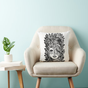 Leaf womans Face Abstract ink drawing art Throw Pillow
