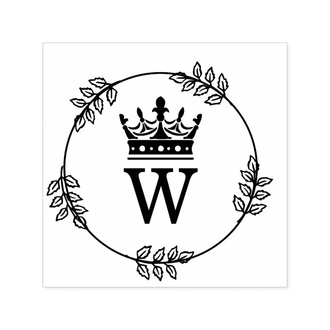 Leaf Wreath Crown Topped Single Initial Monogram Self-inking Stamp (Design)