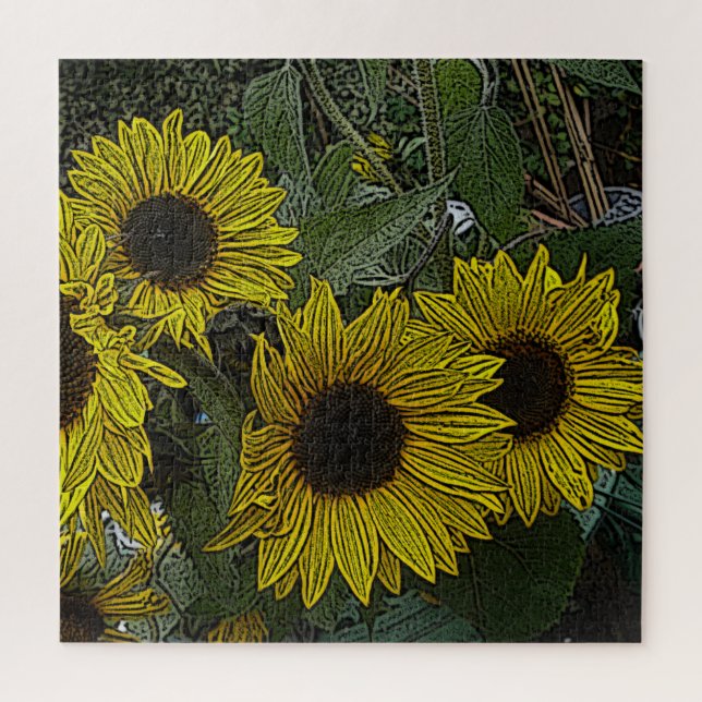 leafy background with large yellow sun flowers jigsaw puzzle (Vertical)