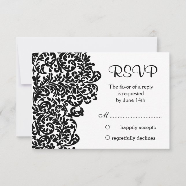 Leafy black damask swirls Wedding RSVP (Front)
