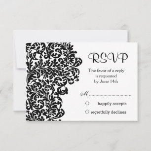 Leafy black damask swirls Wedding RSVP Card