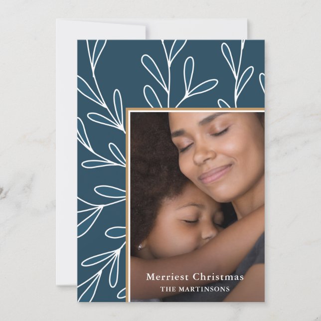 Leafy Blue Frame Photo Christmas Holiday Card (Front)