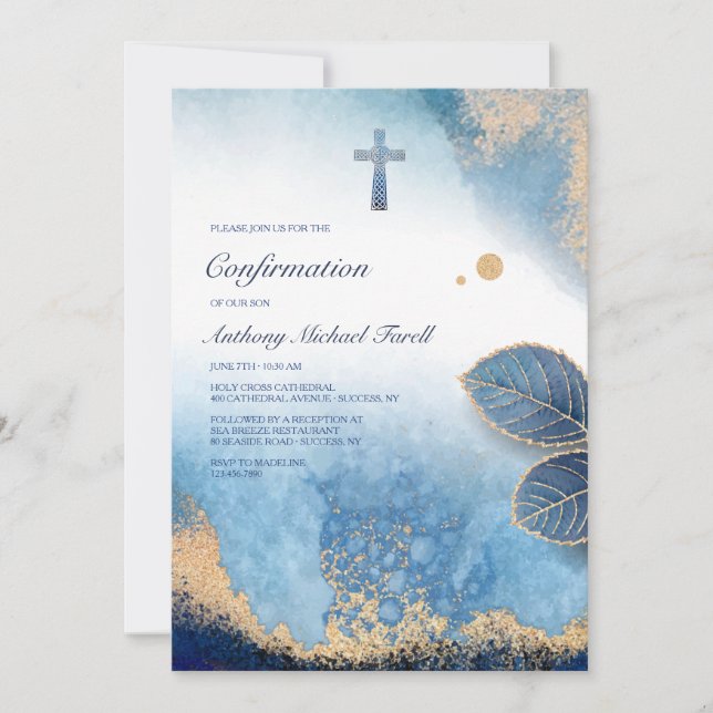 Leafy Blue Frame Religious Invitation (Front)