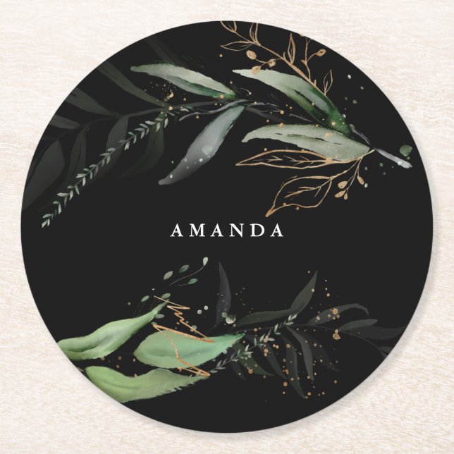 Leafy Botanical Eucalyptus Modern Black Branch Round Paper Coaster (Front)
