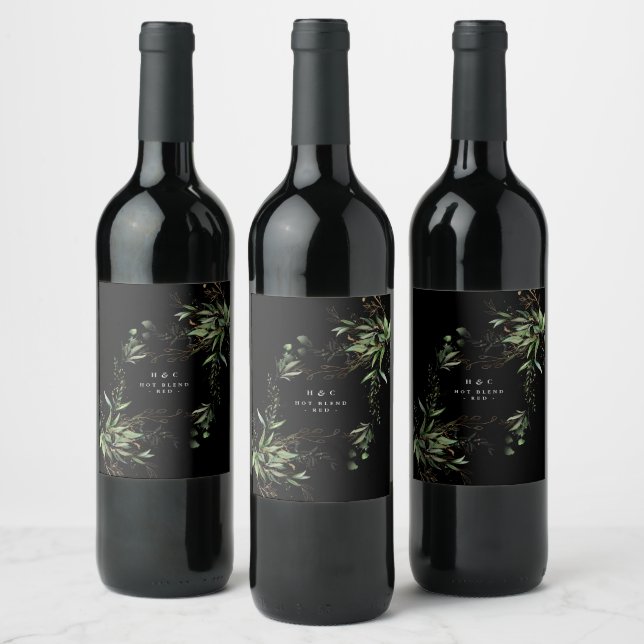 Leafy Botanical Eucalyptus Modern Black Branch Wine Label (Bottles)