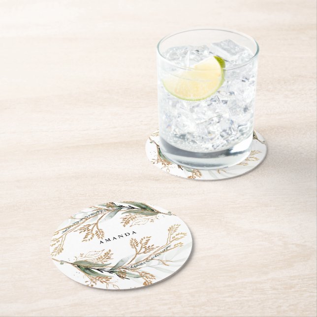 Leafy Botanical Eucalyptus Modern Greenery Branch Round Paper Coaster (Insitu)