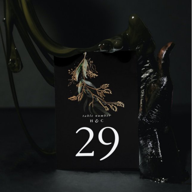 Leafy Botanical Eucalyptus Modern Premium Black Table Number (Creator Uploaded)