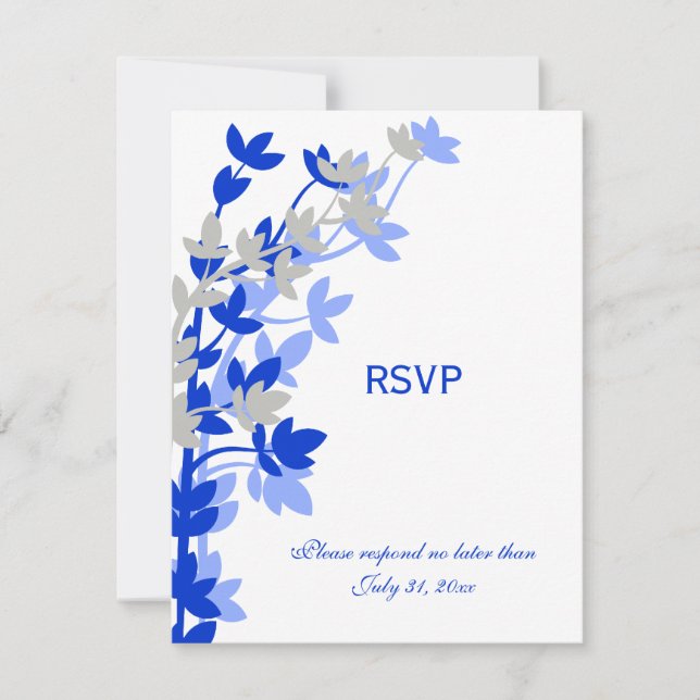 Leafy Elegance In Blue Silver RSVP Cards (Front)