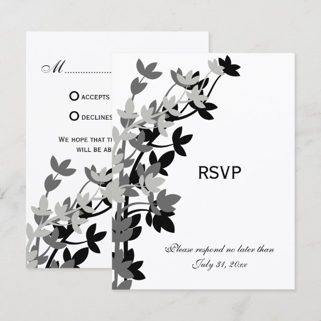 Leafy Elegance In Silver Black RSVP Cards (Front/Back)