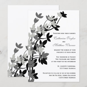 Leafy Elegance In Silver Black Wedding Invitation