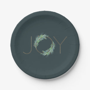 Leafy faux-Gold Joy wreath Christmas/holiday Paper Plate