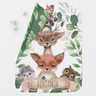 Leafy Forest Woodland Animals Boy Nursery Monogram Baby Blanket