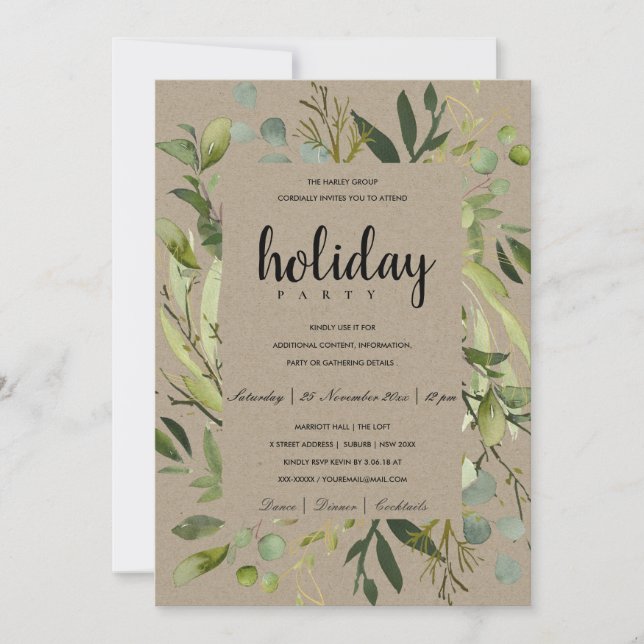 LEAFY FRAME GREEN GREY CORPORATE HOLIDAY PARTY INVITATION (Front)
