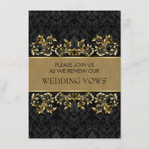 Leafy golden swirls, black damask Vow Renewal Invitation