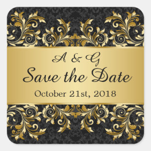 Leafy golden swirls, damask Save the Date Square Sticker