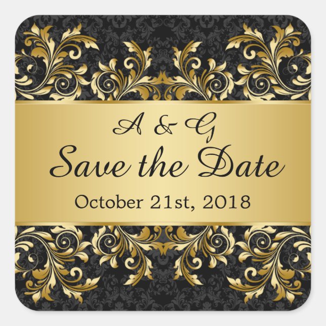Leafy golden swirls, damask Save the Date Square Sticker (Front)