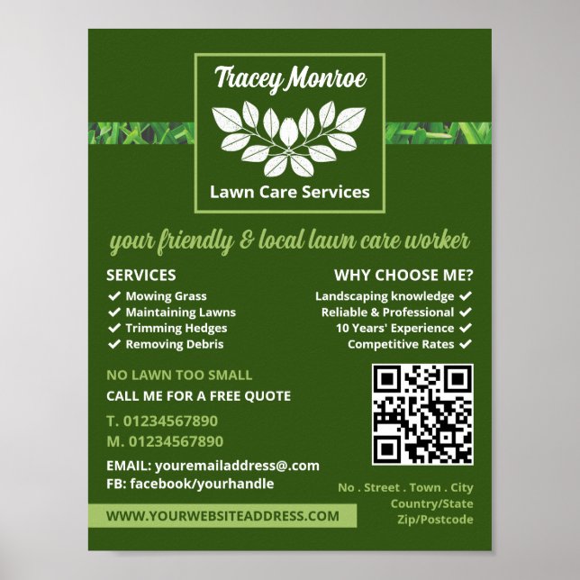 Leafy Grass Strip Design, Lawn Care Services Poster (Front)