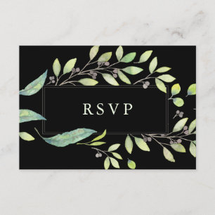 Leafy Green Black Watercolor Frame Wedding RSVP Card