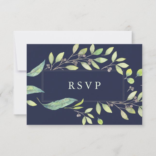 Leafy Green | Dark Blue Watercolor Wedding RSVP (Front)