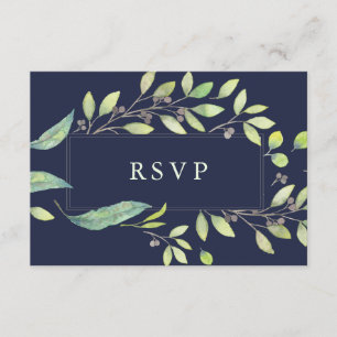 Leafy Green   Dark Blue Watercolor Wedding RSVP Card