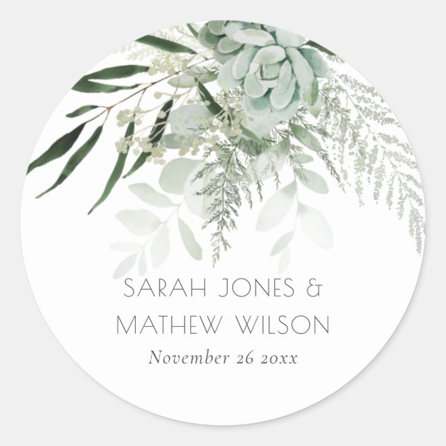 Leafy Green Fern Succulent Frame Foliage Wedding Classic Round Sticker (Front)