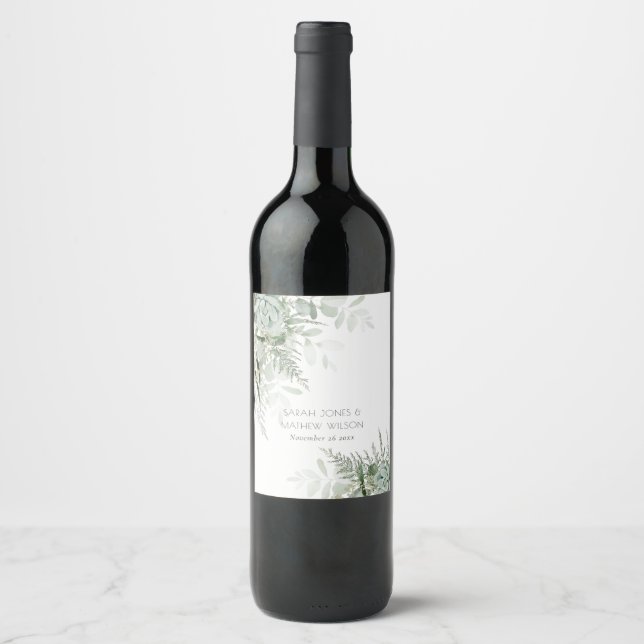 Leafy Green Fern Succulent Frame Foliage Wedding Wine Label (Front)