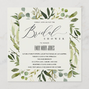 LEAFY GREEN GOLD FOLIAGE WATERCOLOR BRIDAL SHOWER INVITATION