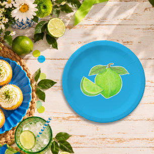 Leafy Green Lime on Bright Blue Hand Drawn Citrus Paper Plate